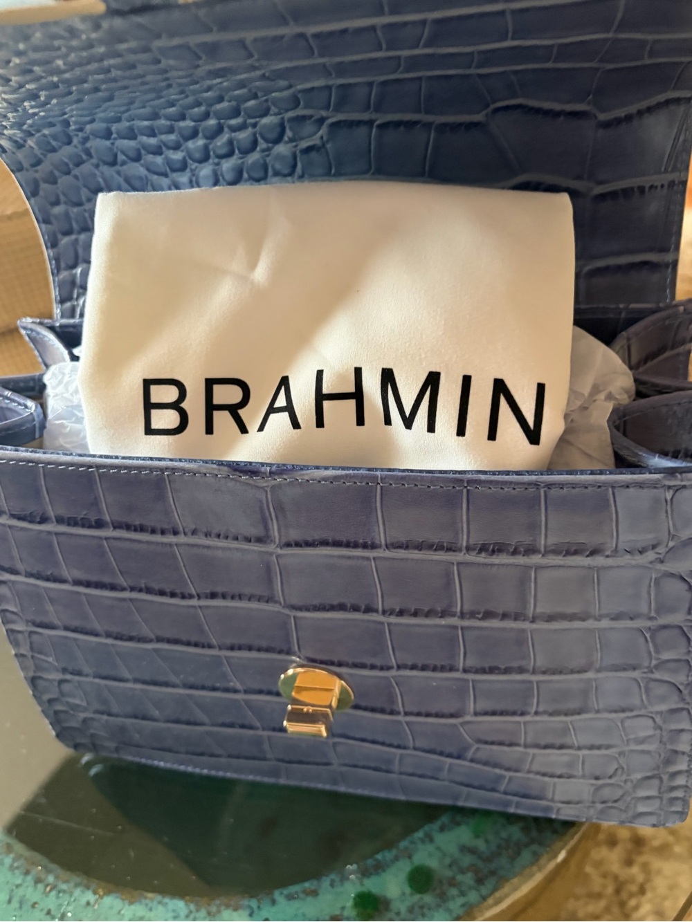 Brahmin Bluebell - NWT Blue & Cream Floral Applique Croc-Texture Crossbody Bag - Picture 2 of 4